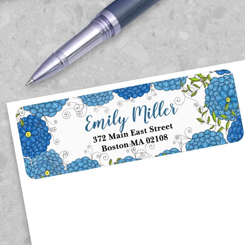 Ornate Blue Flowers and Green Leaves Address Label