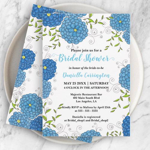 Ornate Blue Flowers and Green Leaves Bridal Shower Invitation