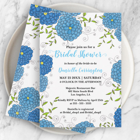 Ornate Blue Flowers and Green Leaves Bridal Shower