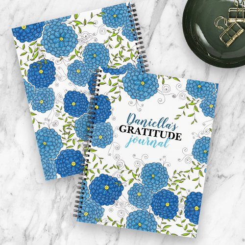 Ornate Blue Flowers and Green Leaves Gratitude Notebook