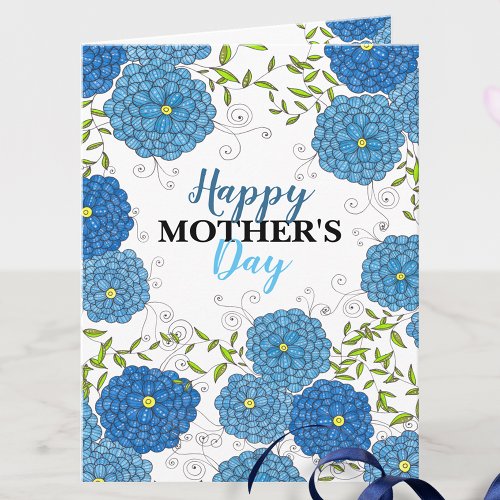 Ornate Blue Flowers and Green Leaves Mothers Day Card