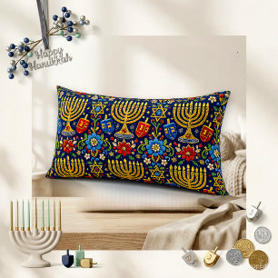 Ornate Blue Folk Embroidered Menorah Lumbar Pillow