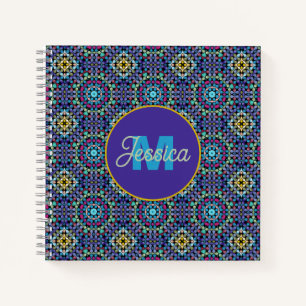Ornate Blue Geometric Mosaic Pattern Personalised Notebook