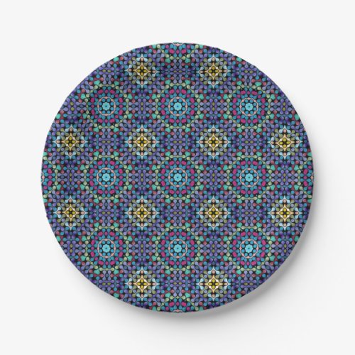 Ornate Blue Geometric Mosaic Style Pattern Paper Plates