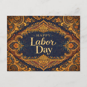 Ornate Blue Gold Scrollwork Happy Labor Day Holiday Postcard