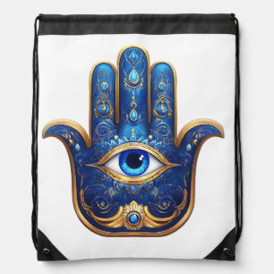 Ornate Blue Hamsa Hand with Evil Eye Symbol Drawstring Bag