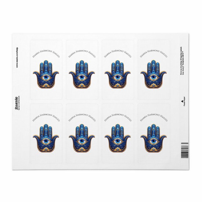 Ornate Blue Hamsa Hand with Evil Eye Symbol Label (Full Sheet)