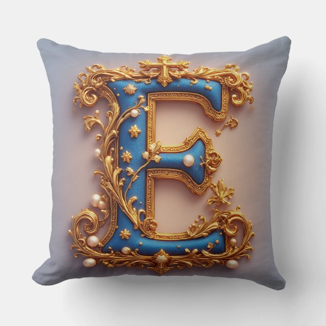 Ornate Blue Letter E Throw Pillow (Front)