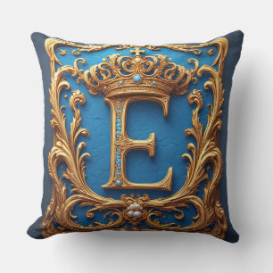 Ornate Blue Letter E Throw Pillow