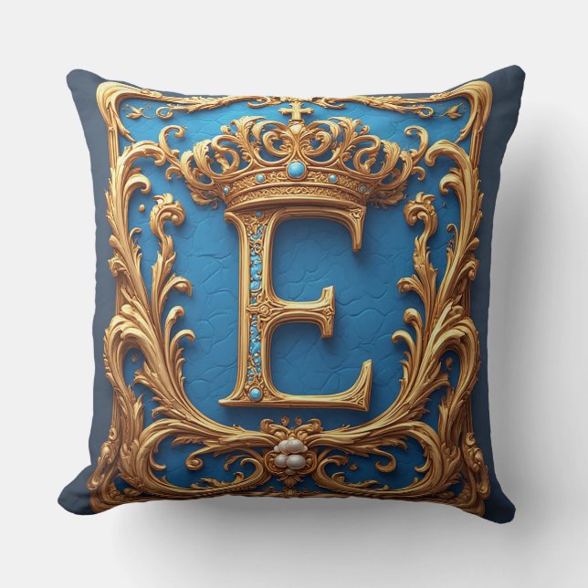 Ornate Blue Letter E Throw Pillow (Front)