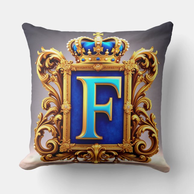 Ornate Blue Letter F Throw Pillow (Front)