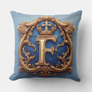 Ornate Blue Letter F Throw Pillow