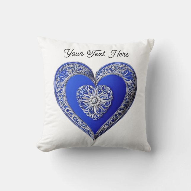Ornate Blue Love Heart Romantic Custom Text Throw Pillow (Front)
