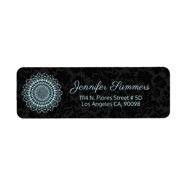 Ornate blue mandala on black damask background label (Front)