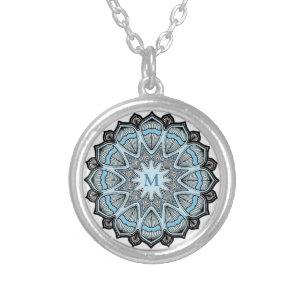 Ornate Blue Monogram Elegant Mandala Silver Plated Necklace