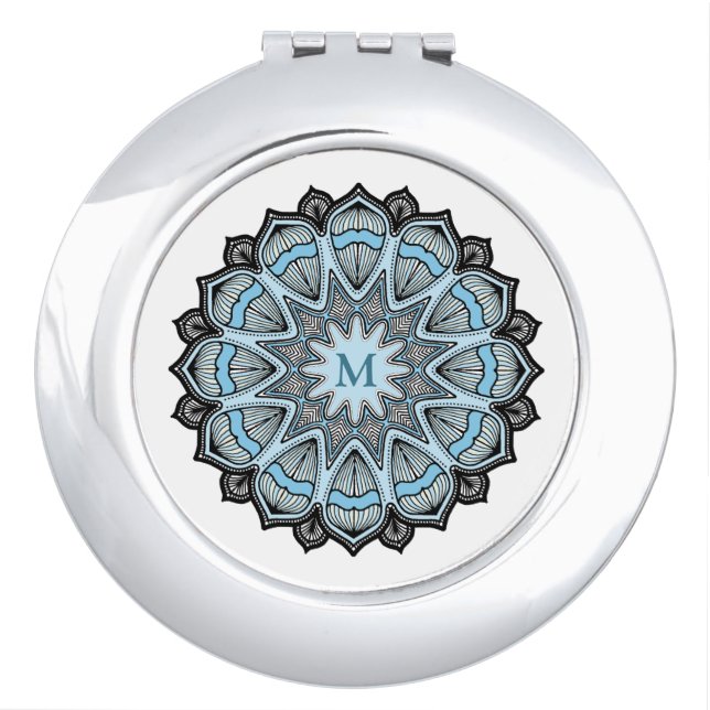 Ornate Blue Monogram Mandala Compact Mirror (Front)
