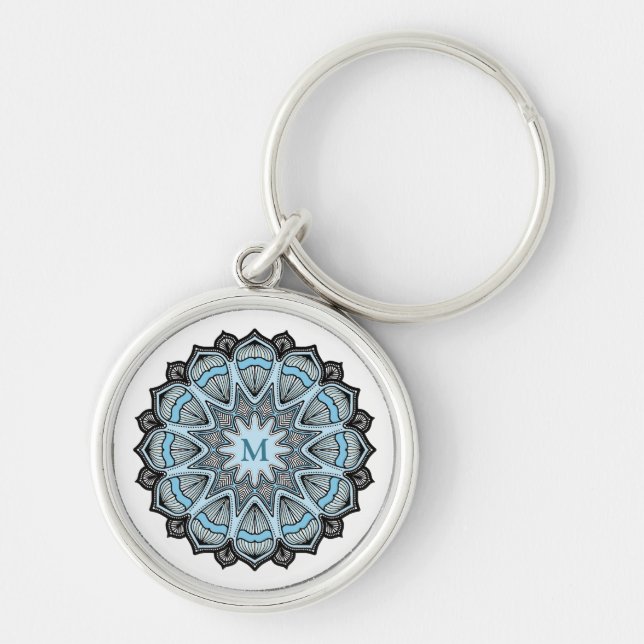 Ornate Blue Monogram Mandala Keychain (Front)