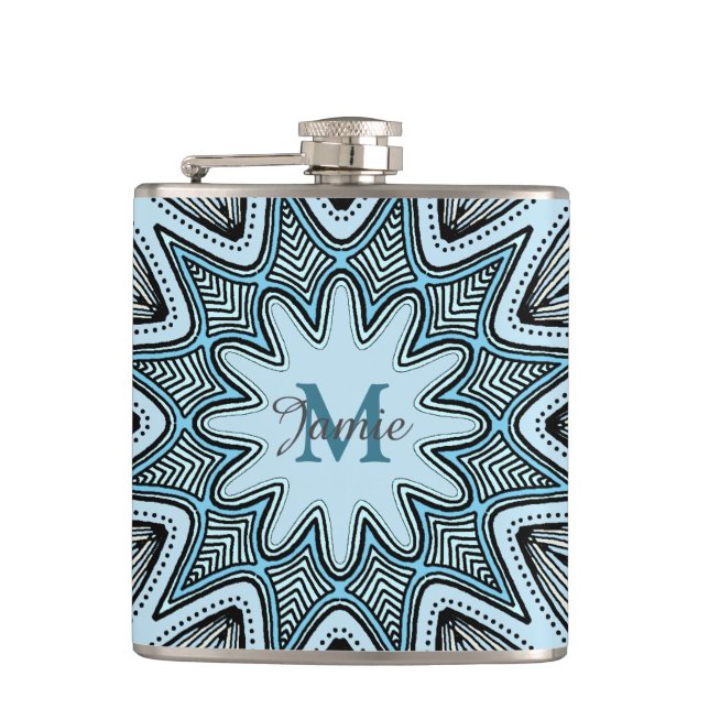 Ornate Blue Monogram Mandala Personalised Flask (Front)