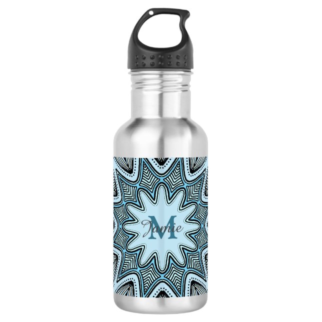 Ornate Blue Monogram Mandala Personalised Stainless Steel Water Bottle (Front)
