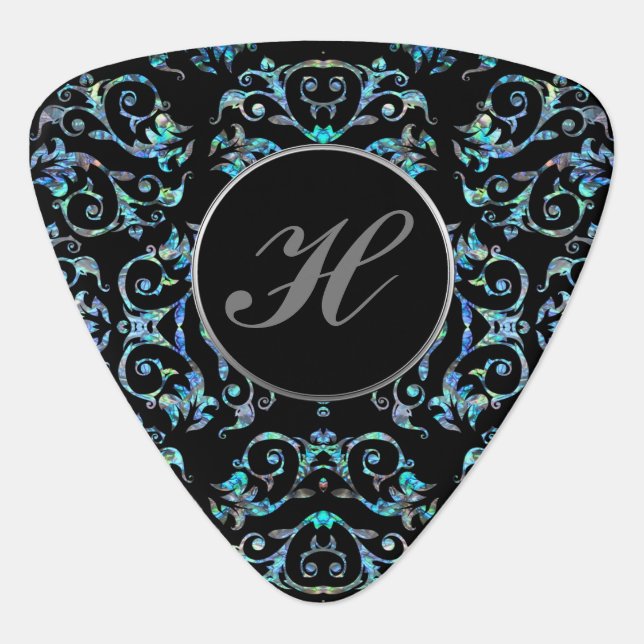 Ornate Blue Pearl Floral Triangle Guitar Pick (Front)