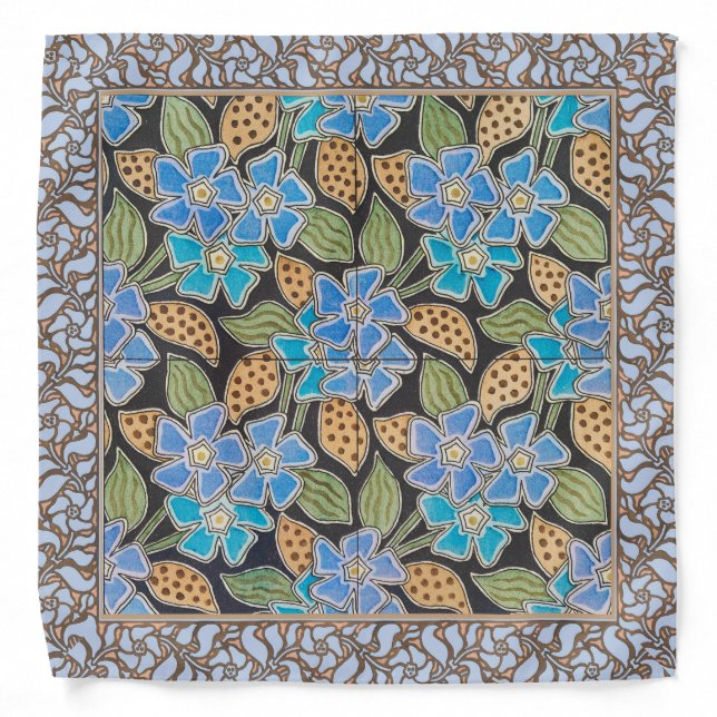 Ornate Blue Periwinkle Floral Classic Art Nouveau Bandana (Front)
