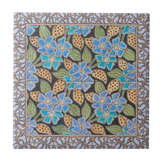 Ornate Blue Periwinkle Floral Classic Art Nouveau Ceramic Tile (Front)