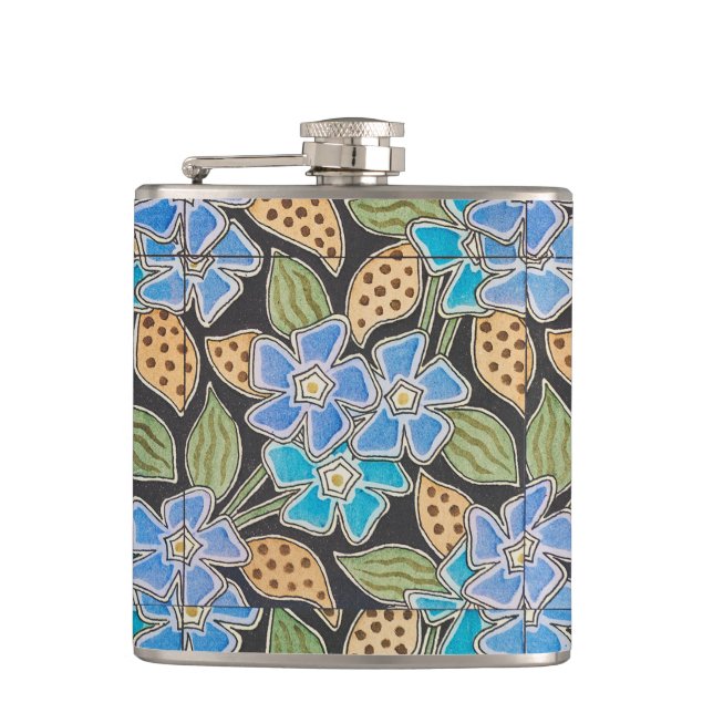 Ornate Blue Periwinkle Floral Classic Art Nouveau Flask (Front)