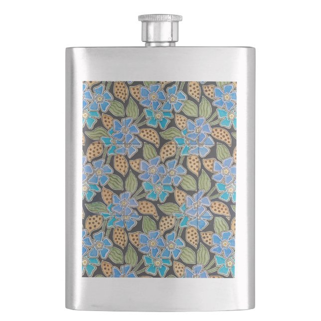Ornate Blue Periwinkle Floral Classic Art Nouveau Flask (Front)