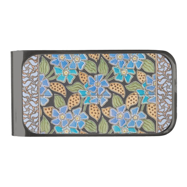 Ornate Blue Periwinkle Floral Classic Art Nouveau Gunmetal Finish Money Clip (Front)