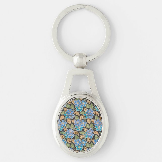 Ornate Blue Periwinkle Floral Classic Art Nouveau Keychain (Front)