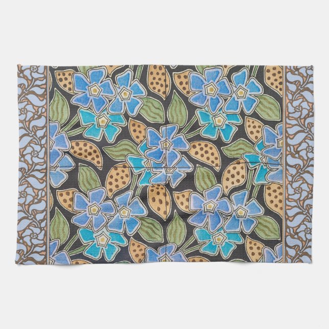 Ornate Blue Periwinkle Floral Classic Art Nouveau Kitchen Towel (Horizontal)
