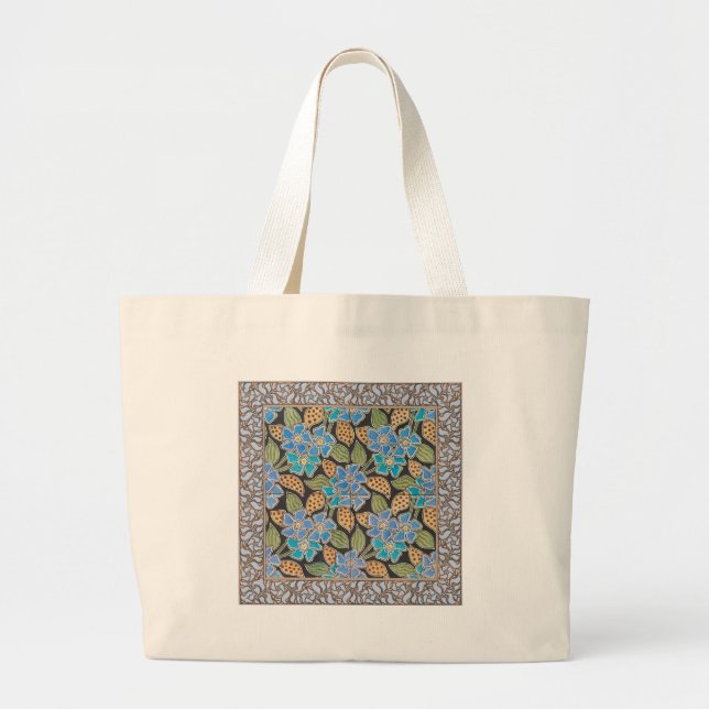 Ornate Blue Periwinkle Floral Classic Art Nouveau Large Tote Bag (Front)