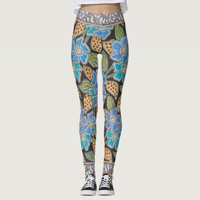Ornate Blue Periwinkle Floral Classic Art Nouveau Leggings (Front)