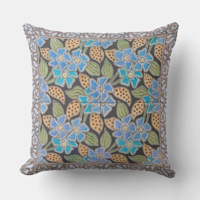 Ornate Blue Periwinkle Floral Classic Art Nouveau Outdoor Pillow (Front)
