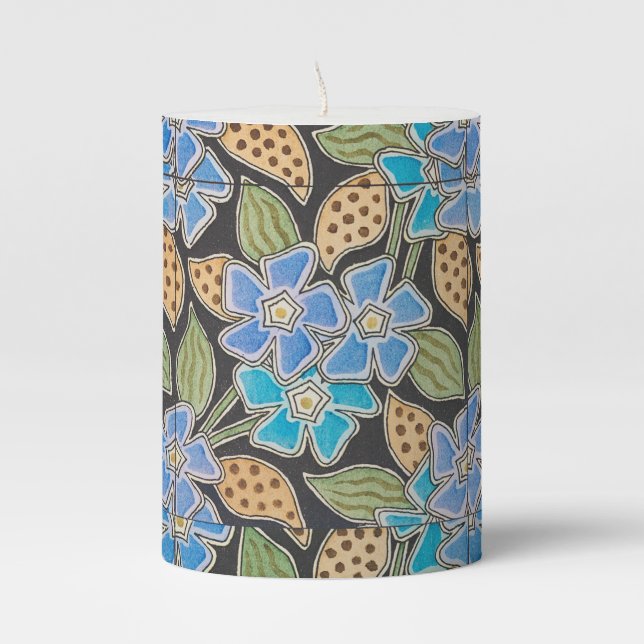 Ornate Blue Periwinkle Floral Classic Art Nouveau Pillar Candle (Front)