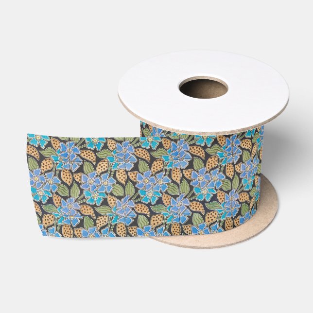 Ornate Blue Periwinkle Floral Classic Art Nouveau Satin Ribbon (Spool)