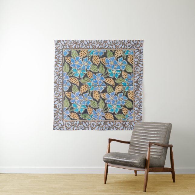 Ornate Blue Periwinkle Floral Classic Art Nouveau Tapestry (In Situ)