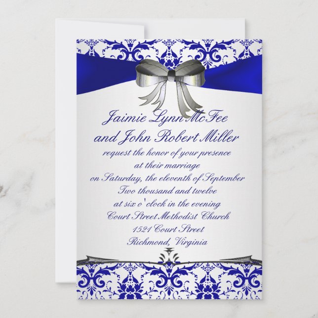 Ornate Blue Silver Damask Wedding Invitation (Front)