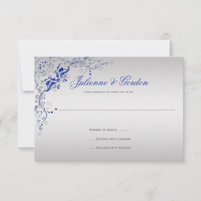 Ornate Blue Silver floral Swirls RSVP (Front)