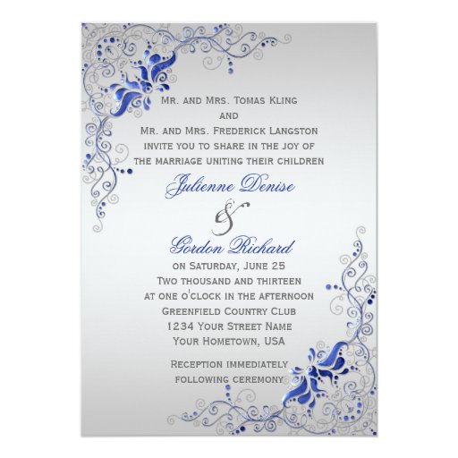 Ornate Blue Silver Floral Swirls Weddings Card | Zazzle