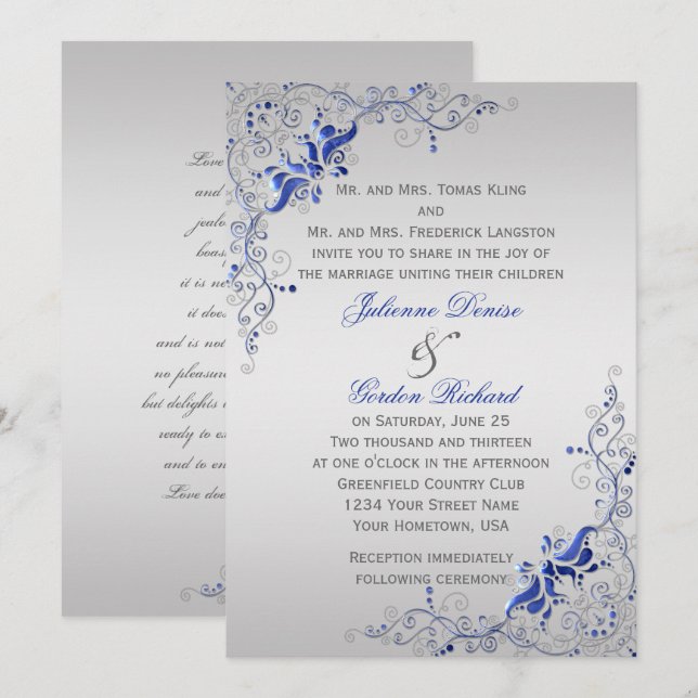 Ornate Blue Silver Floral Swirls Weddings Invitation (Front/Back)