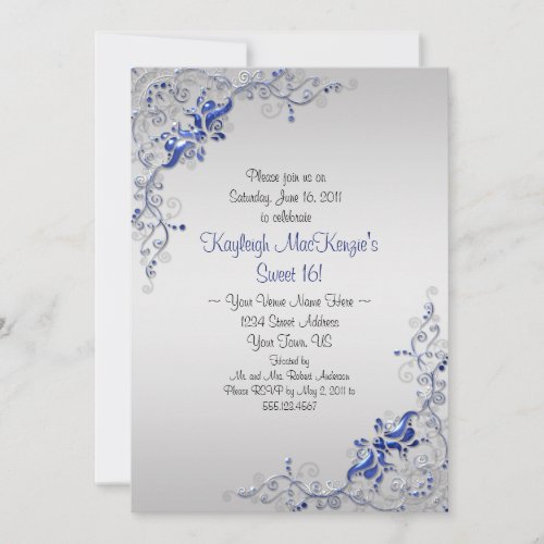 Ornate Blue Silver Swirls on Silver Sweet 16 Personalized Invites