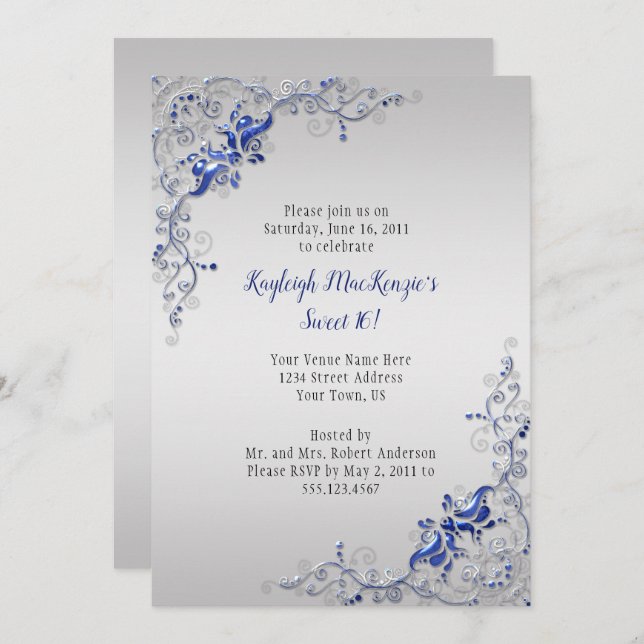 Ornate Blue Silver Swirls on Silver Sweet 16 Invitation (Front/Back)