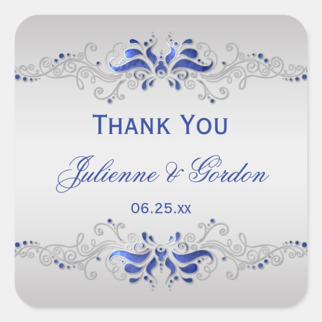 Ornate Blue Silver Swirls Square Wedding Favor Square Sticker (Front)