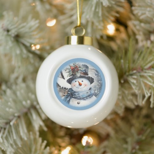 Ornate Blue Snowman Face Wearing A Tophat Ceramic Ball Christmas Ornament