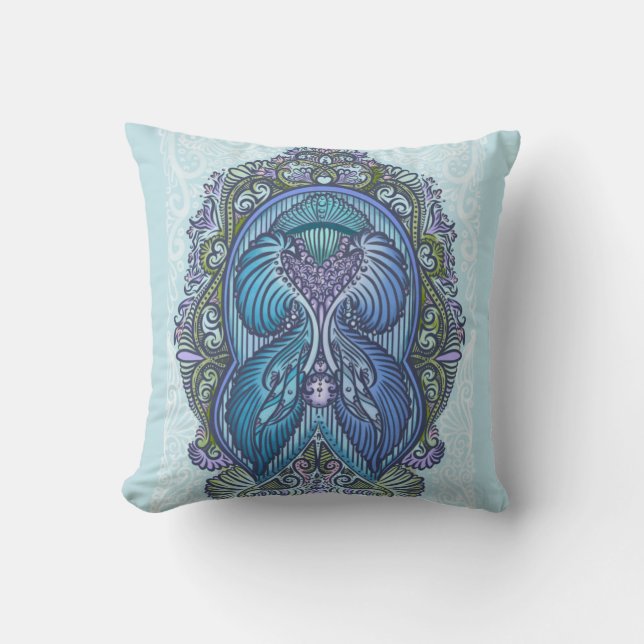 Ornate Blue & Teal Mandala Design Throw Pillow (Front)