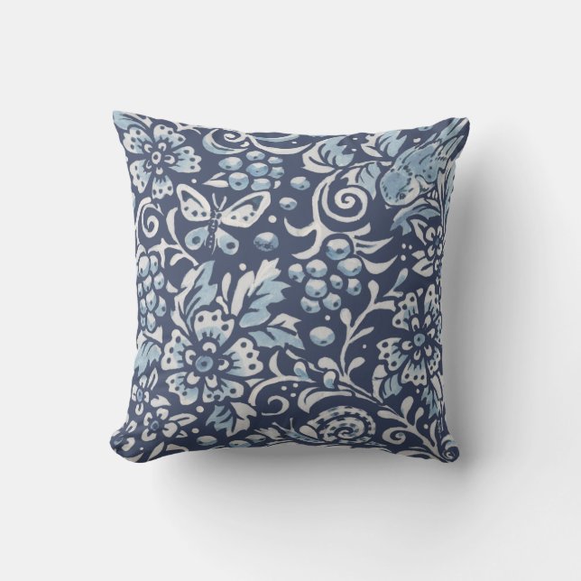 Ornate Blue White Forest Bird Butterfly Woodland Throw Pillow (Front)