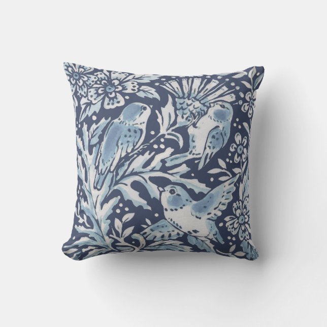 Ornate Blue White Forest Birds Thistle Woodland Throw Pillow (Front)