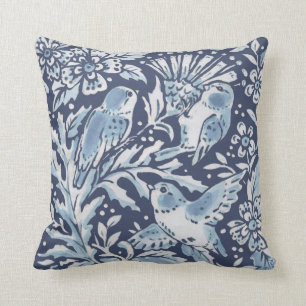 Ornate Blue White Forest Birds Thistle Woodland Throw Pillow