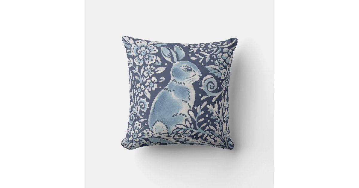 Ornate Blue White Forest Rabbit Floral Woodland Throw Pillow | Zazzle